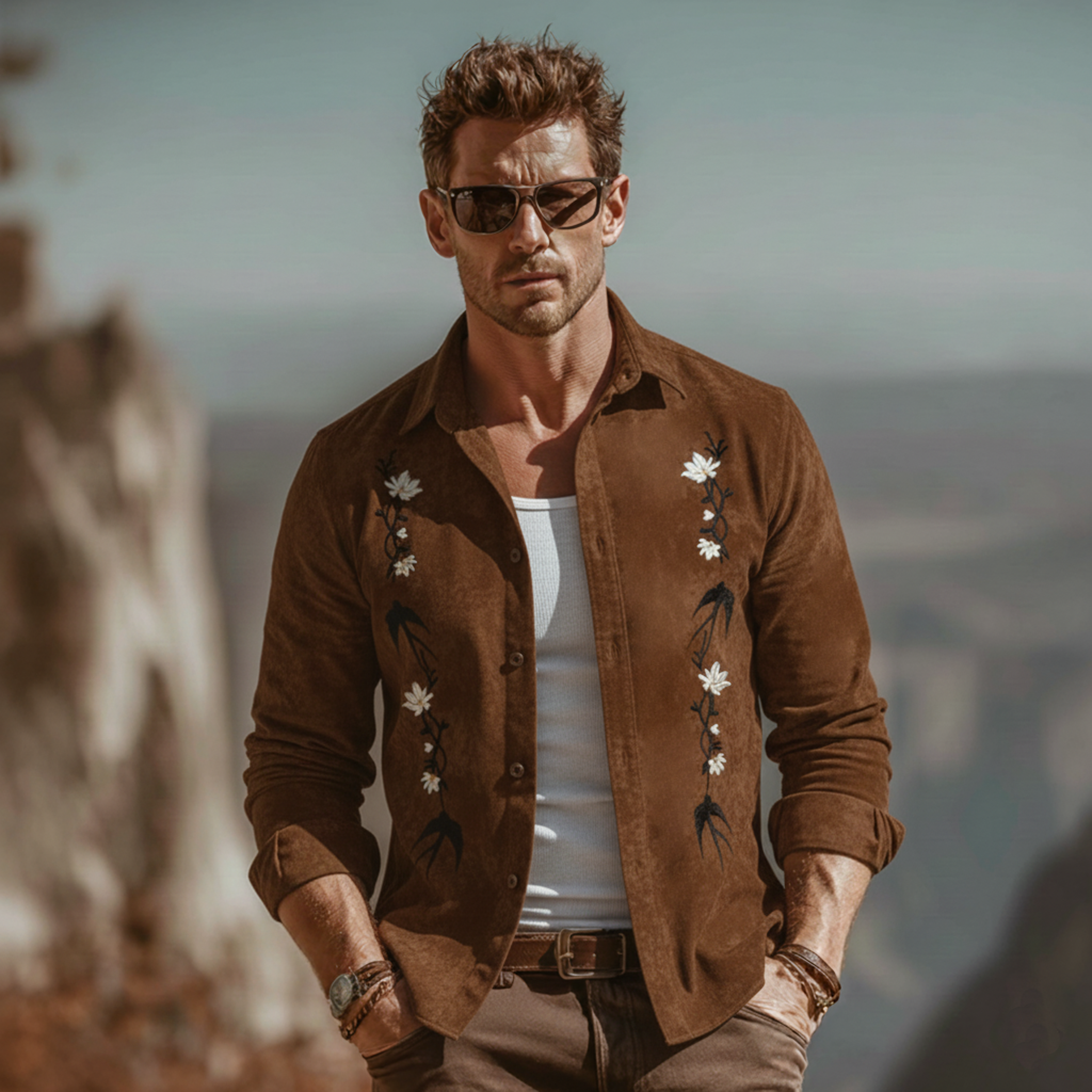 Men's Classic Vintage Embroidered Faux Suede Long-sleeved Shirt MTA2210L2K