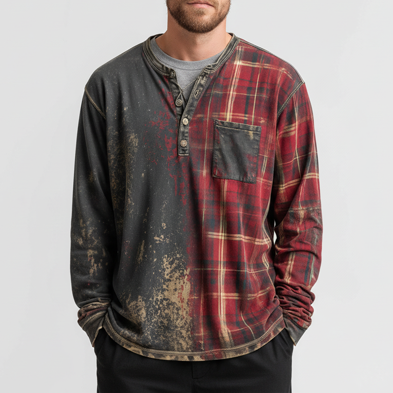 Men's Vintage Polyester Blend Printed Long Sleeve Henley MTA2788J4P