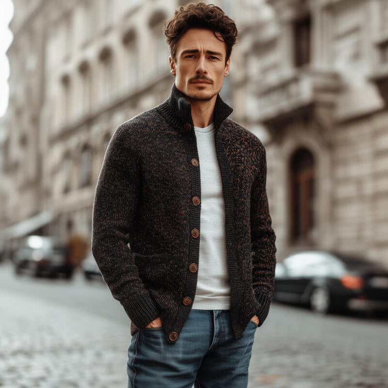 Men's Vintage Casual Stand Collar Single-Breasted Slim Fit Warm Knitted Cardigan MTA2119H0M