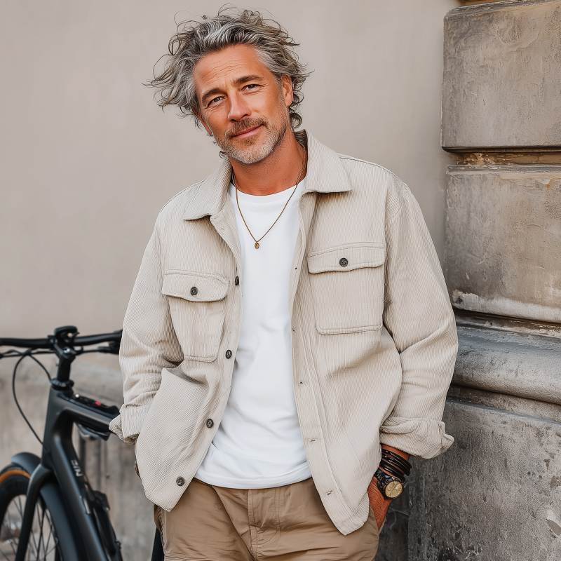 Men's Casual Solid Color Corduroy Lapel Flap Pocket Single Breasted Loose Long Sleeve Shirt Jacket MTA2335G0M