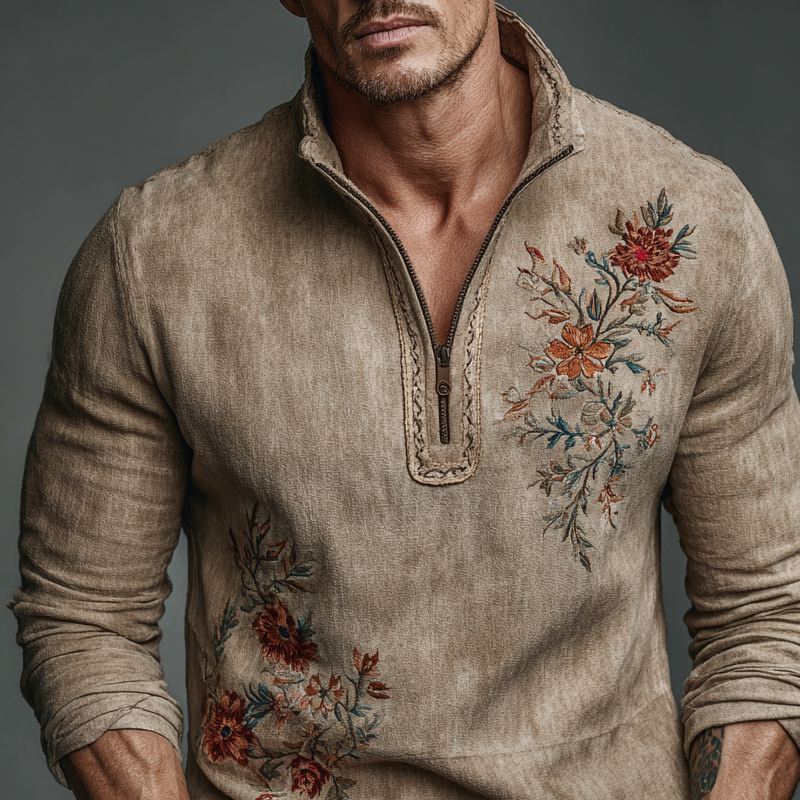 Men's Retro Embroidered Stand Collar Faux Suede Long-Sleeve Polo Shirt MTA1792K9X