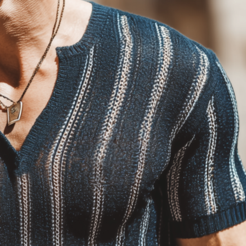 Men's Summer Vertical Striped V-Neck Knitted Short-Sleeved T-Shirt MTA0919G6U