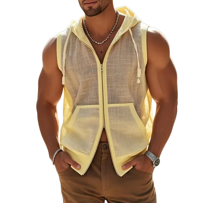 Men's Casual Breathable Light Linen Hooded Zipper Loose Tank Top MTA1445E2M