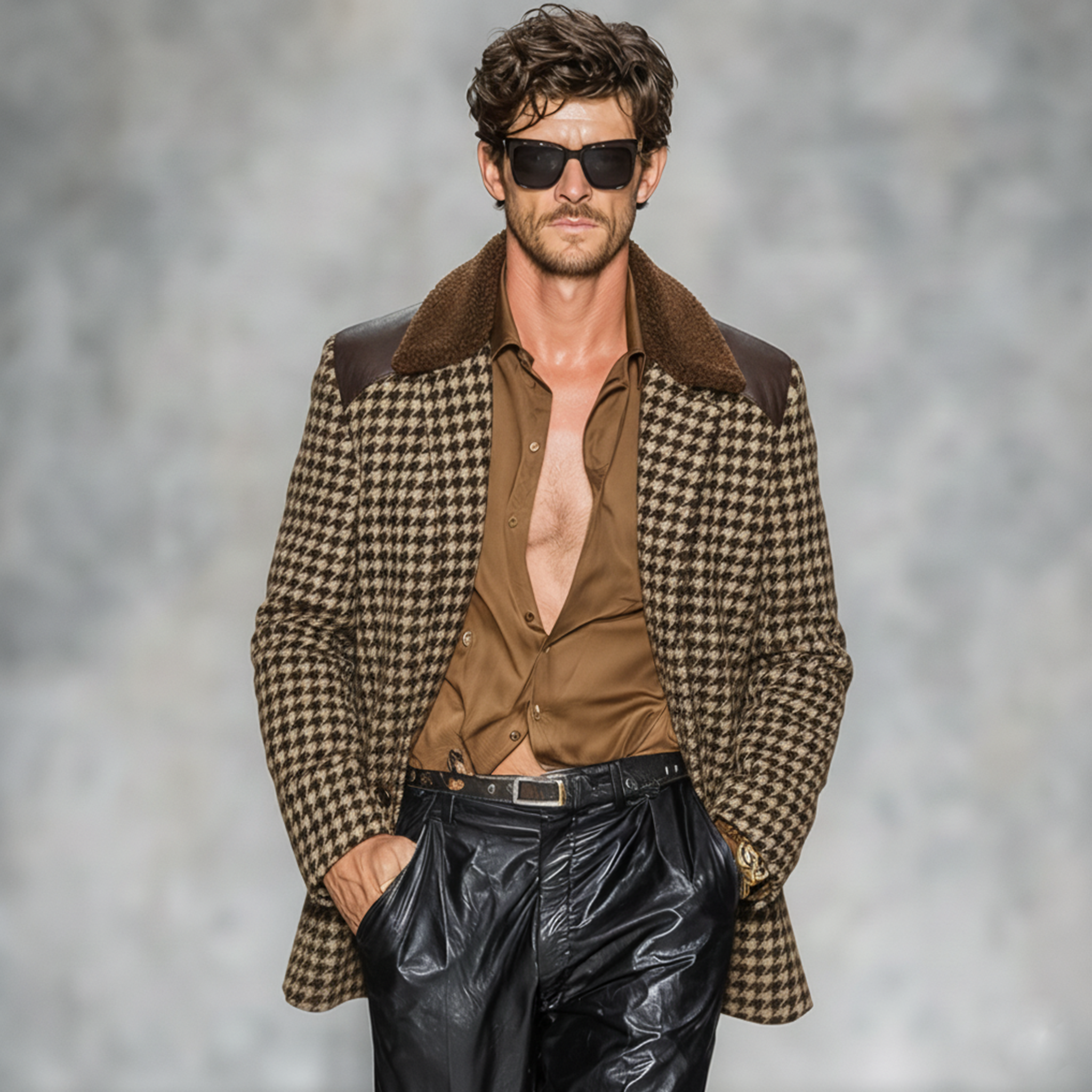 Men's Classic Casual Fleece Lapel PU Leather Single-breasted Faux Houndstooth Wool Coat MTA0496K5K