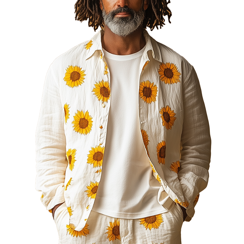 Men's Summer Fashion Sunflower Print Cotton And Linen Long Sleeve Shirt MTA1735F8P