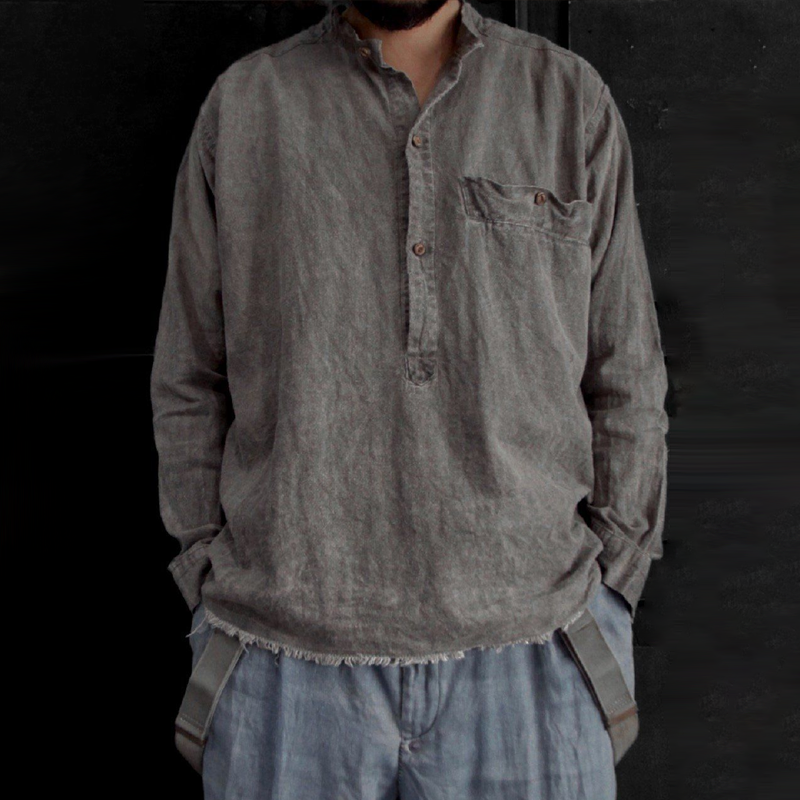 Men's Fashion Washed Distressed Stand Collar Long Sleeve Loose Shirt MTA1925G3Z