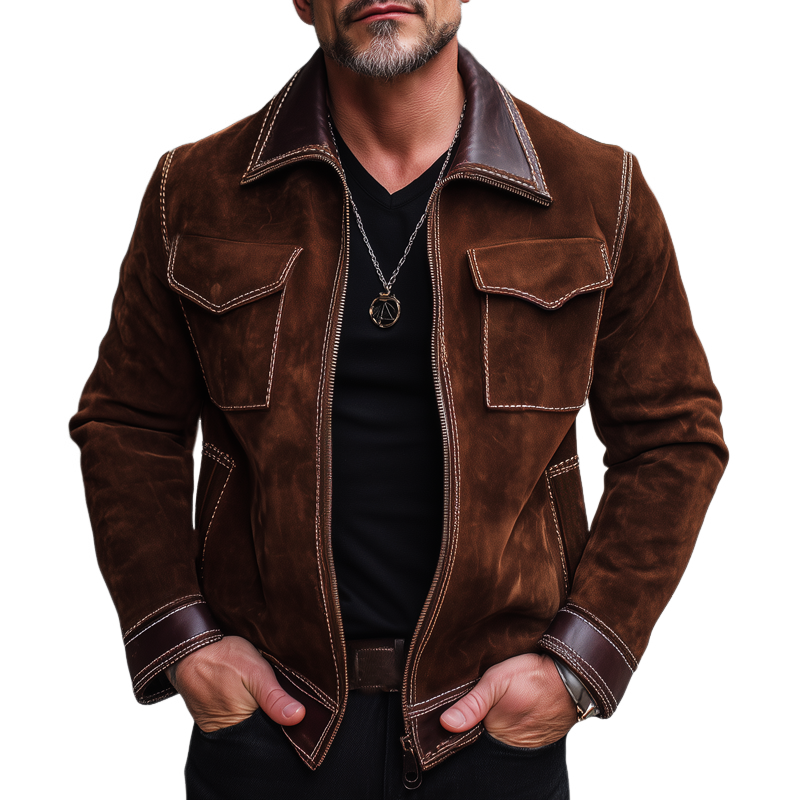 Men's Classic Suede And PU Leather Zip-up Jacket MTA0321I5U