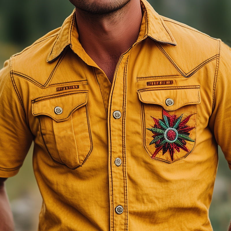 Men's Summer Yellow Exquisite Embroidered Short Sleeve Shirt MTA2895D1U
