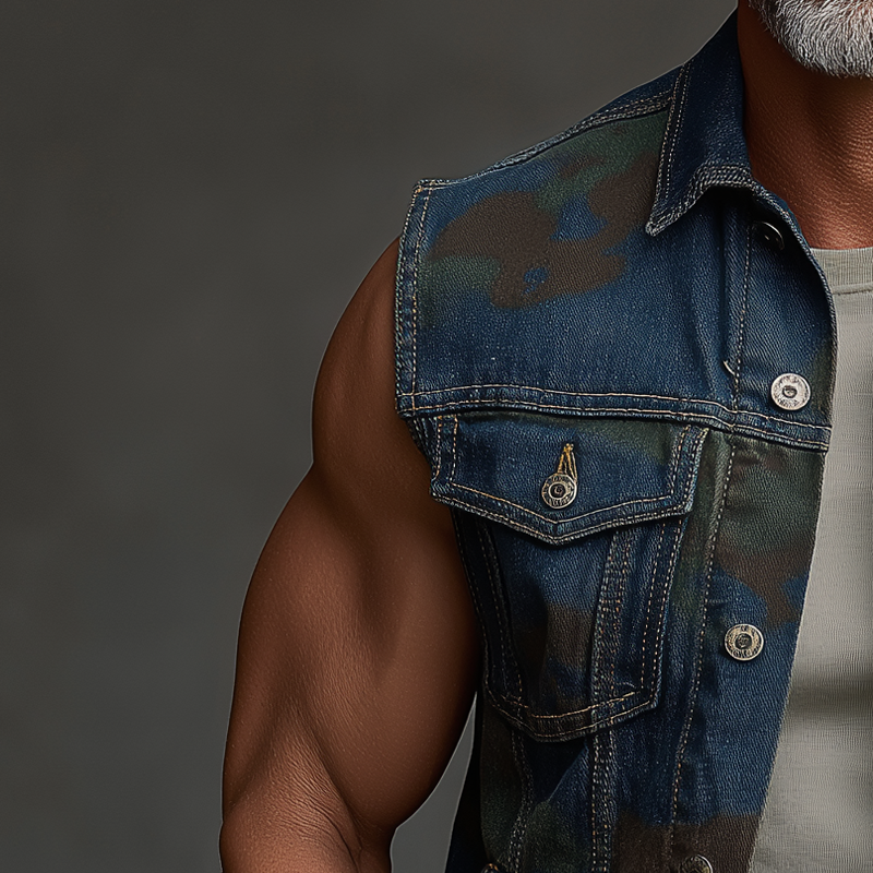 Men's Summer Fashion Camouflage Print Washed Denim Vest MTA0613F8P