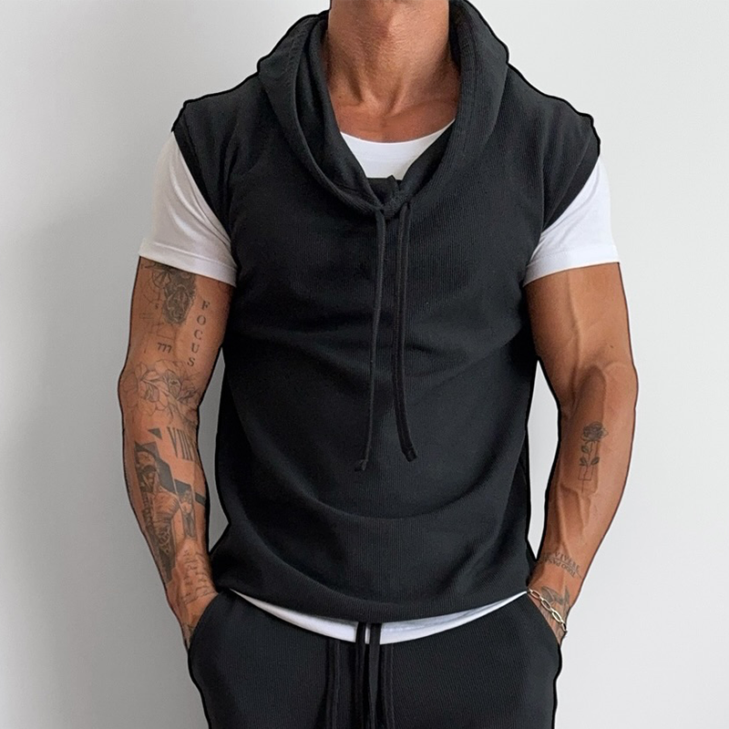 Men's Cotton Vintage Solid Drawstring Hoodie Tank Top MTA0401G3TO