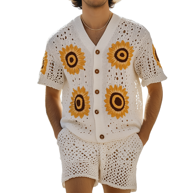 Herre vår- og sommermote fritidsstil feriestil strikket hul blomst kortermet skjorte med elastisk midje shortssett MTA2167F2K