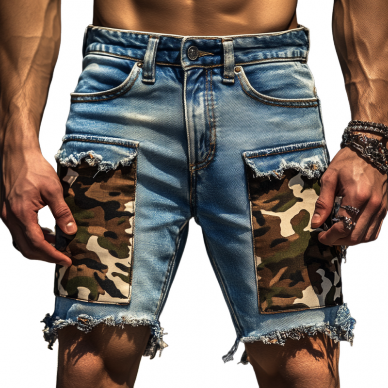 Men's Casual Outdoor Washed Raw Edge Distressed Camouflage Patchwork Slim Fit Denim Shorts MTA1608F6M