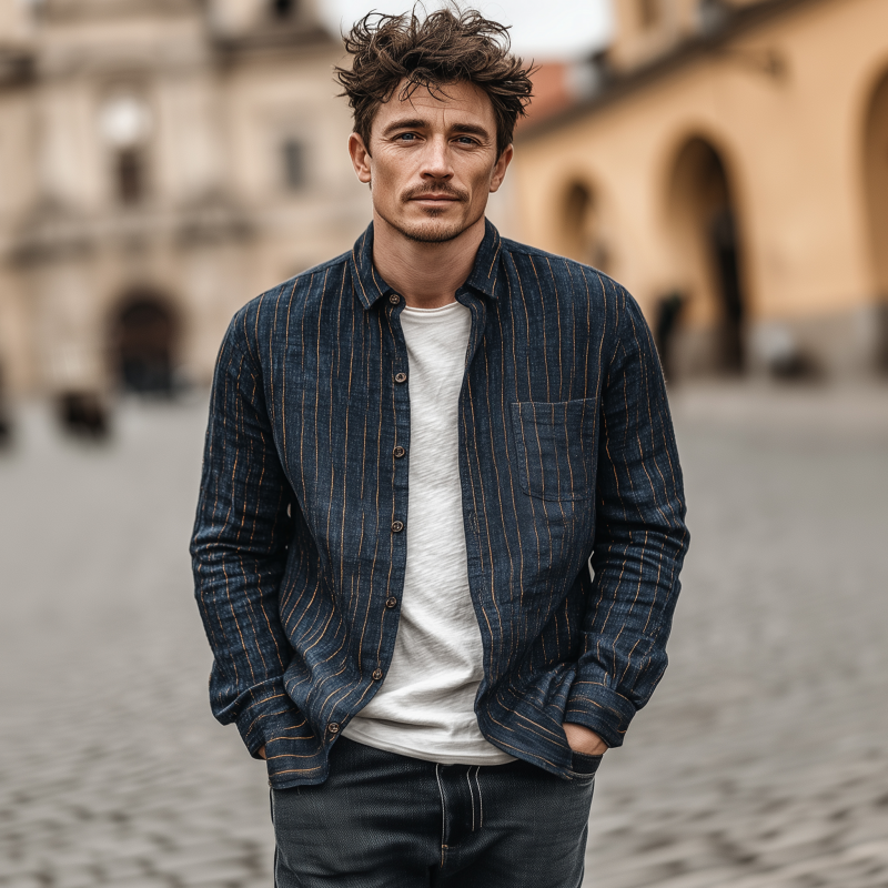 Men's Casual Breathable Linen Striped Lapel Patch Pocket Slim Fit Long Sleeve Shirt MTA1852G4M