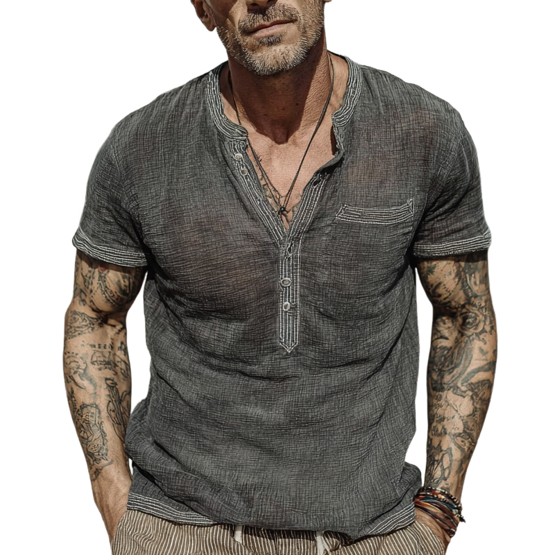 Men's Cotton And Linen Round Neck Pullover Short Sleeve Shirt MTA2704F9X