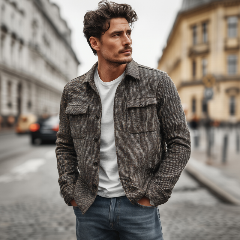 Men's Vintage Check Lapel Single Breasted Flap Pocket Loose Long Sleeve Shirt Jacket MTA1755G9M