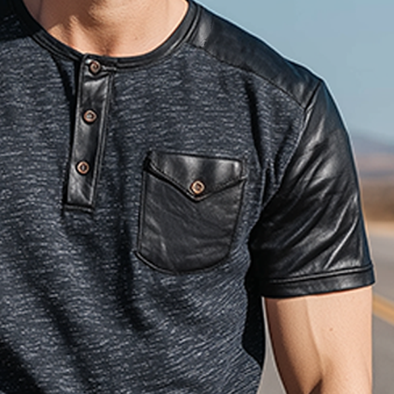 Men's Classic Casual Cotton Blend Splicing PU Leather Henley Collar Short Sleeve T-Shirt MTA0346G1K
