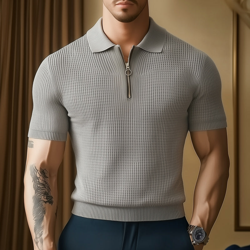 Men's Summer Business Textured Knitted Zip-Neck T-Shirt MTA1389E5U