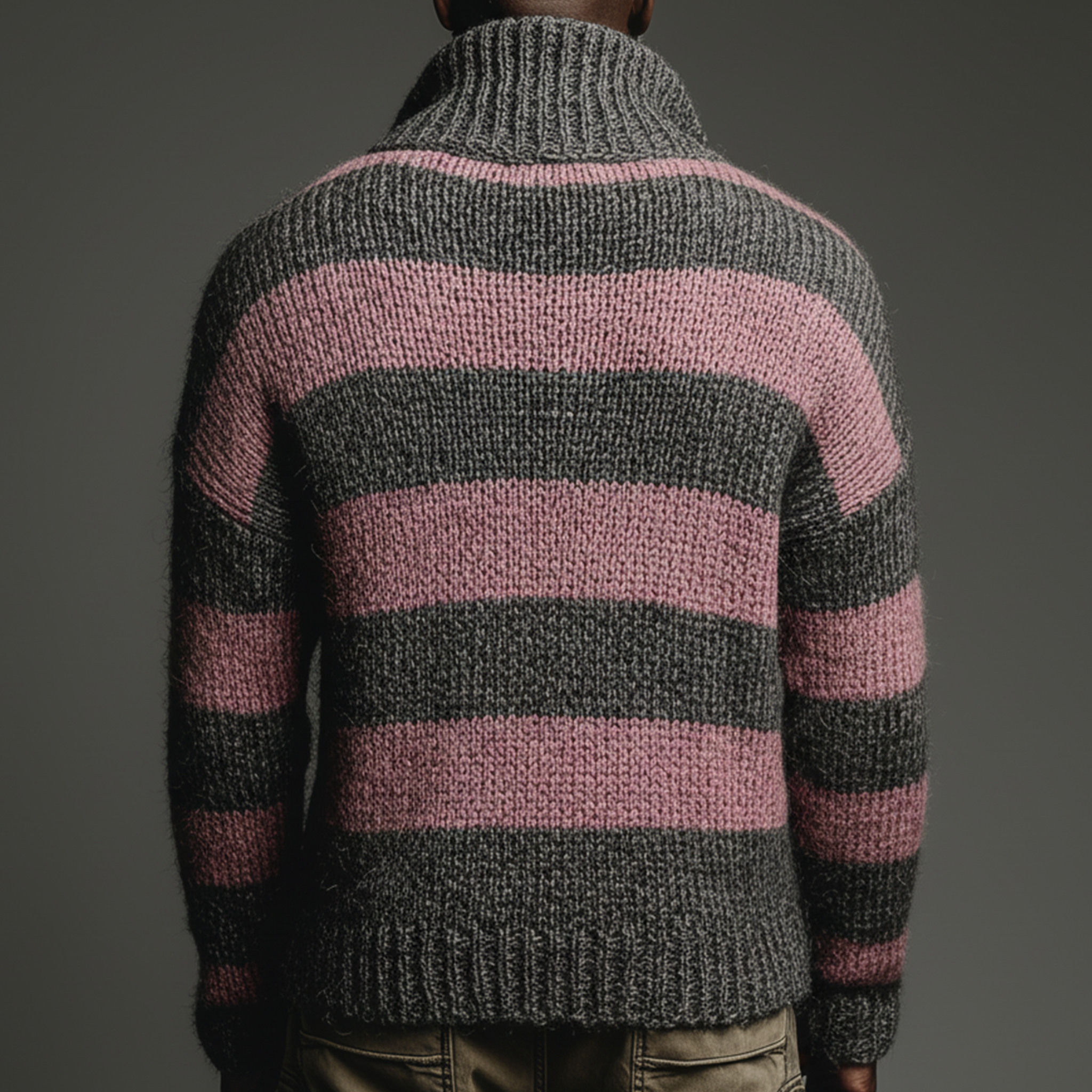 Men's Classic Casual Pink And Gray Horizontal Striped Stand Collar Loose Sweater MTA2829I6K