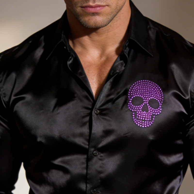 Men's Retro Casual Skull Rhinestone Lapel Satin Long-Sleeved Shirt MTA1772L4TO