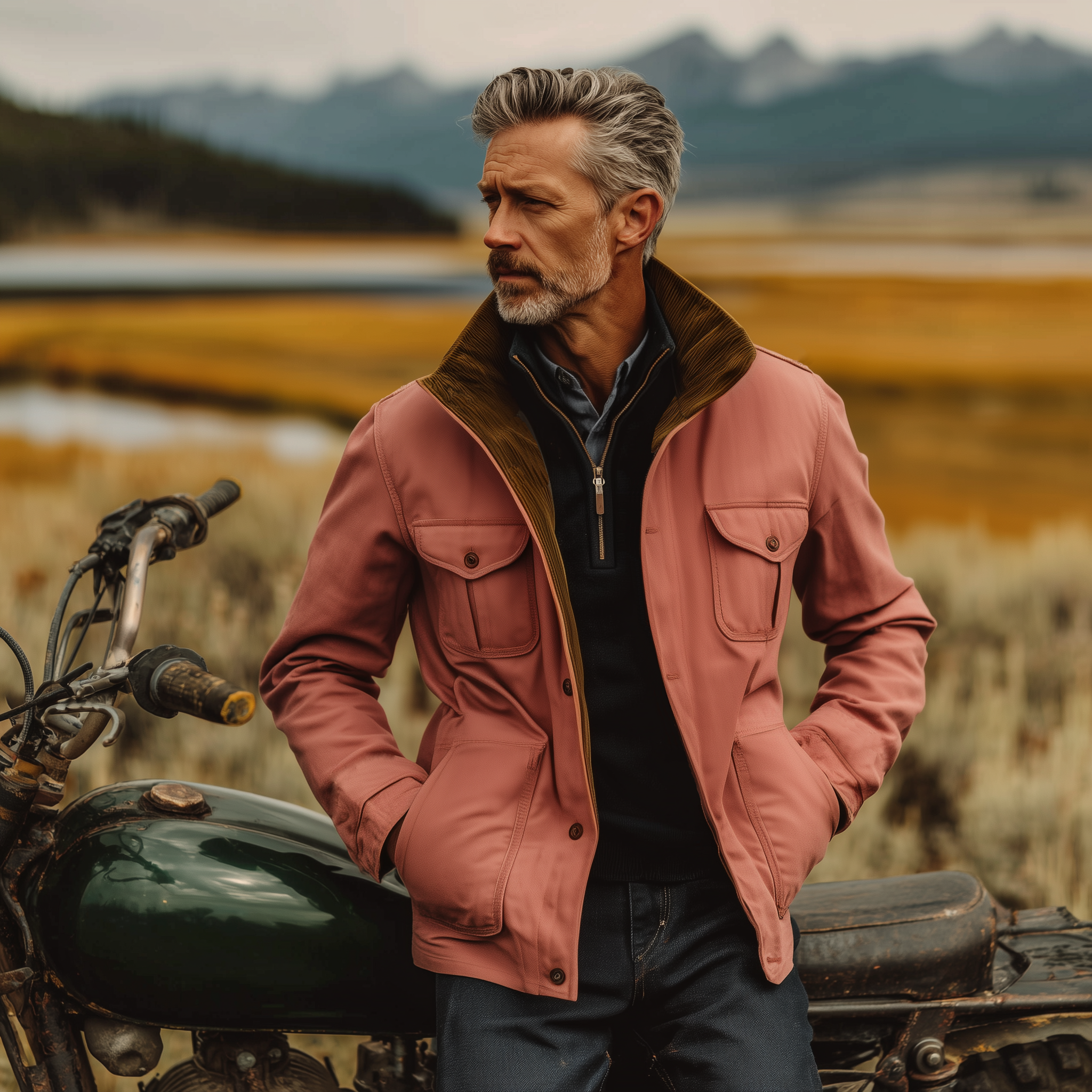 Men's Classic Western Retro Style Stand Collar Multi-pocket Pink Cotton Blend Jacket MTA0520I2K
