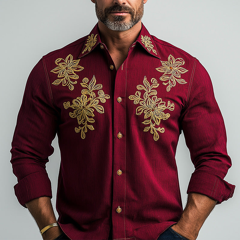 Men's Summer Fashion Floral Embroidery Cotton Long Sleeve Shirt MTA1593E2P
