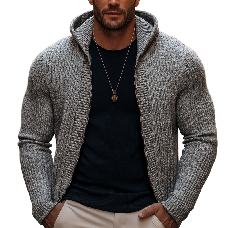 Men's Basic Solid Color Slim Fit Hooded Zip-up Knit Cardigan MTA1113K7