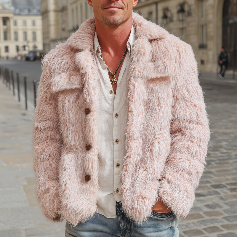 Men's Urban Fashion Light Pink Faux Fur Button Jacket MTA1788J7U