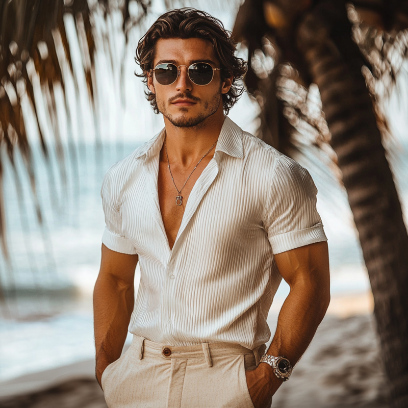Men's Elegant Cotton Blend Ribbed Lapel Slim Fit Short Sleeve Shirt MTA2915E6M