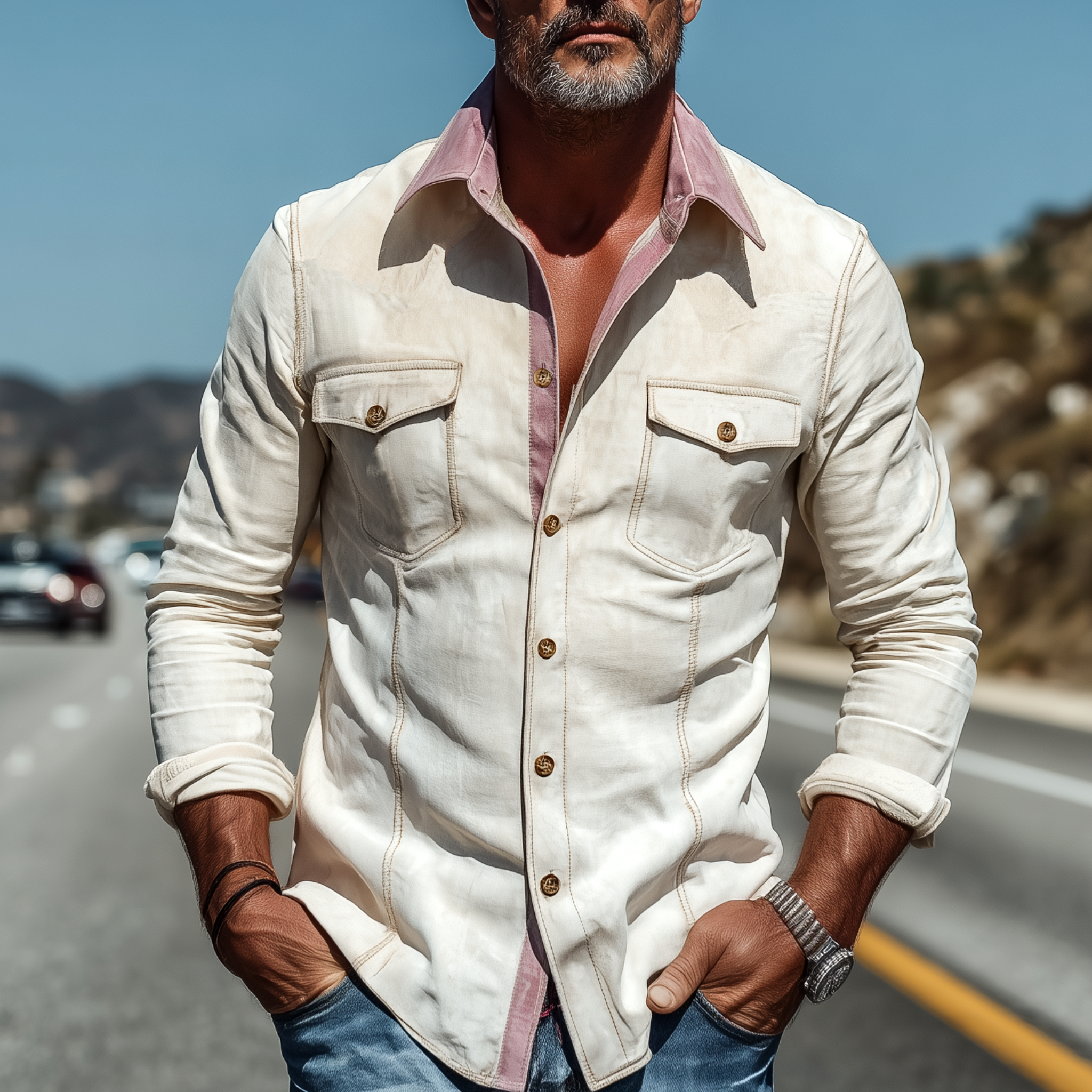 Men's Spring And Summer Fashion Casual Thin Suede Stitching Contrast Color Slim Long Sleeve Shirt MTA1704G5K