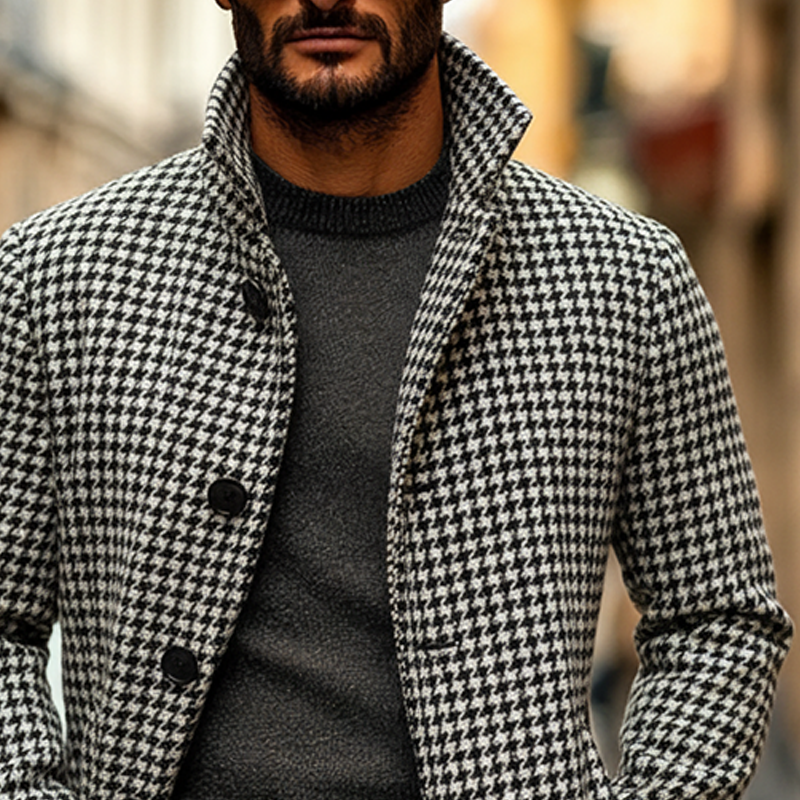 Men's Houndstooth Lapel Button-down Mid-length Coat MTA0101K1X