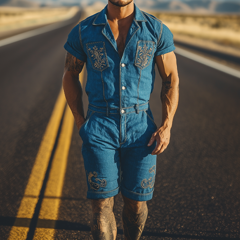 Men's Summer Fashion Retro Western Cowboy Style Pocket Embroidery Jumpsuit MTA1724D1K
