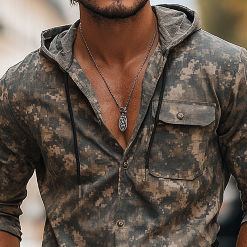Men's Camouflage Hooded Chest Pocket Long Sleeve Shirt MTA0817H9Z