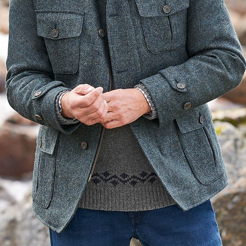 Men's Herringbone Stand Collar Multi-Pocket Single-Breasted Zipper Jacket MTA1604I2Z