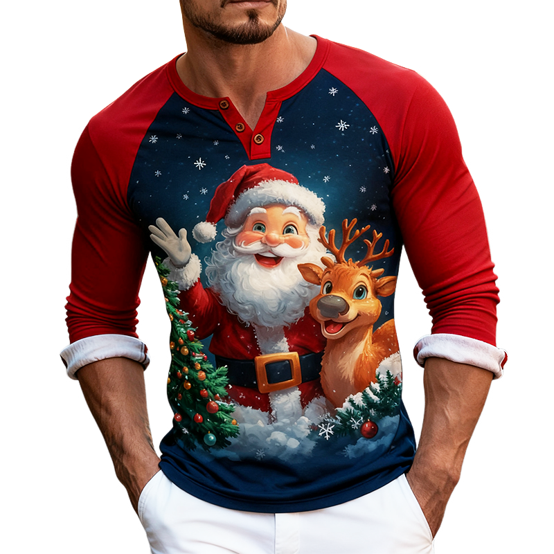 Men's Retro Casual Christmas Reindeer Print Henley Collar Long Sleeve T-shirt MTA0554K6TO