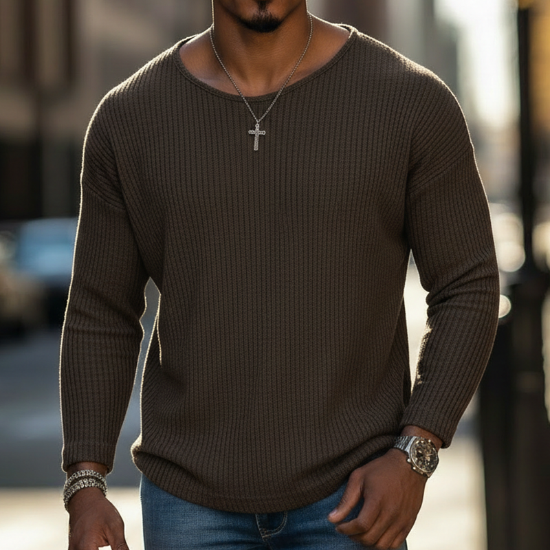 Men's Spring Fashion Polyester Blend Ribbed Crew Neck Long-sleeved T-shirt MTZ2021A8P