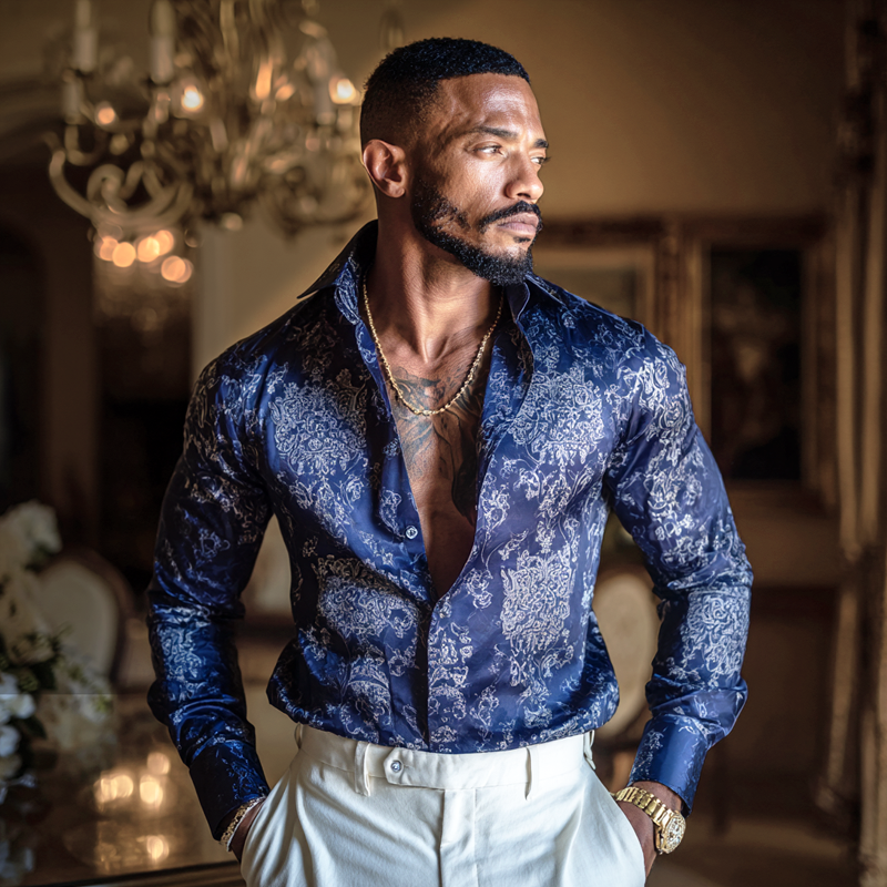 Men's Vintage Print Satin Lapel Long Sleeve Shirt MTA1186H1Z