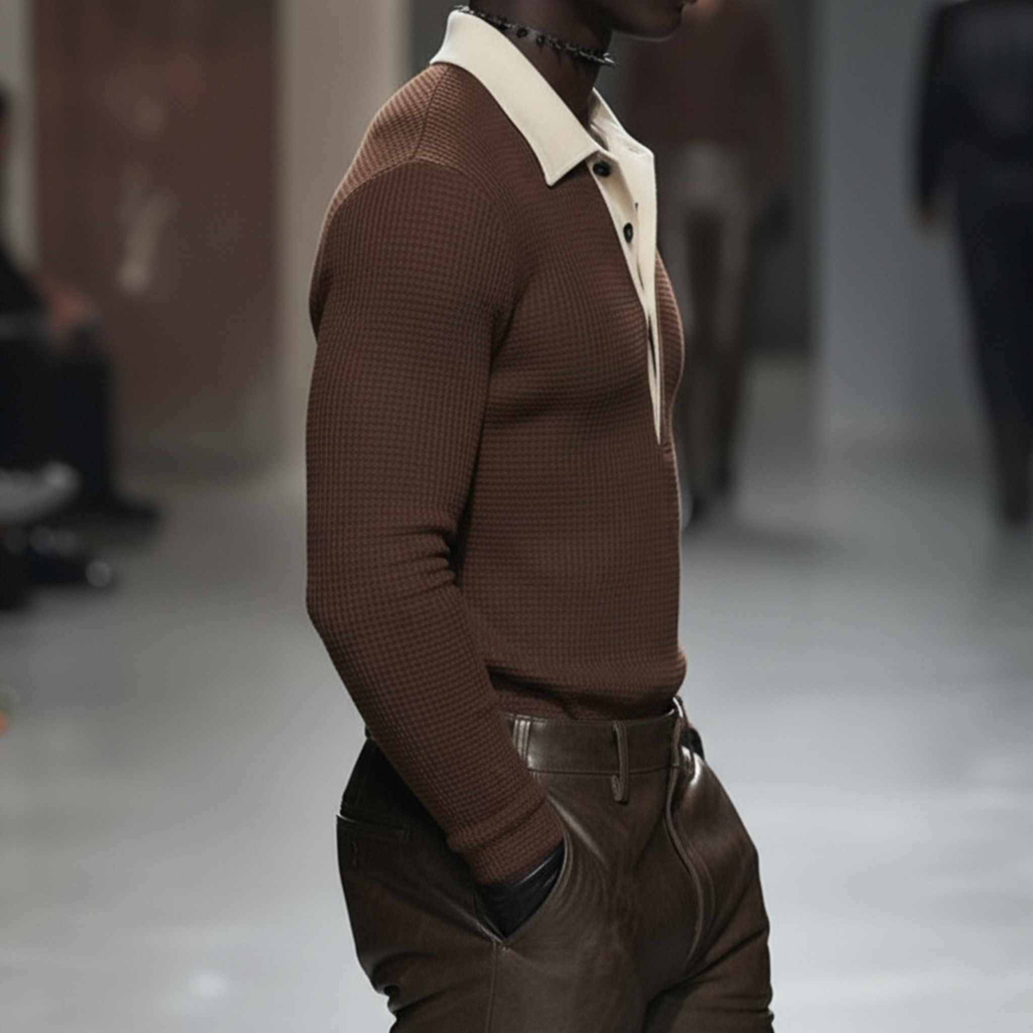 Men's Classic Casual Faux Suede And Waffle-knit Patchwork Slim-fit Long-sleeved Polo Shirt MTA0897L2K