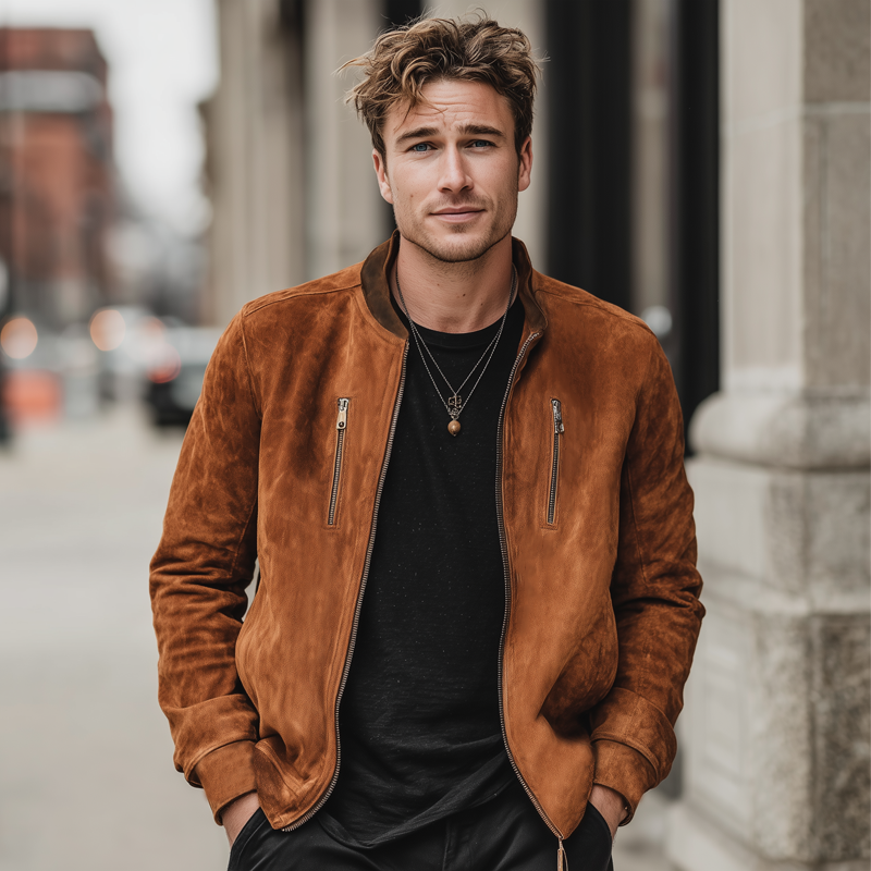 Men's Classic Suede Colorblock Collar Zip-Up Jacket MTA2848I8U