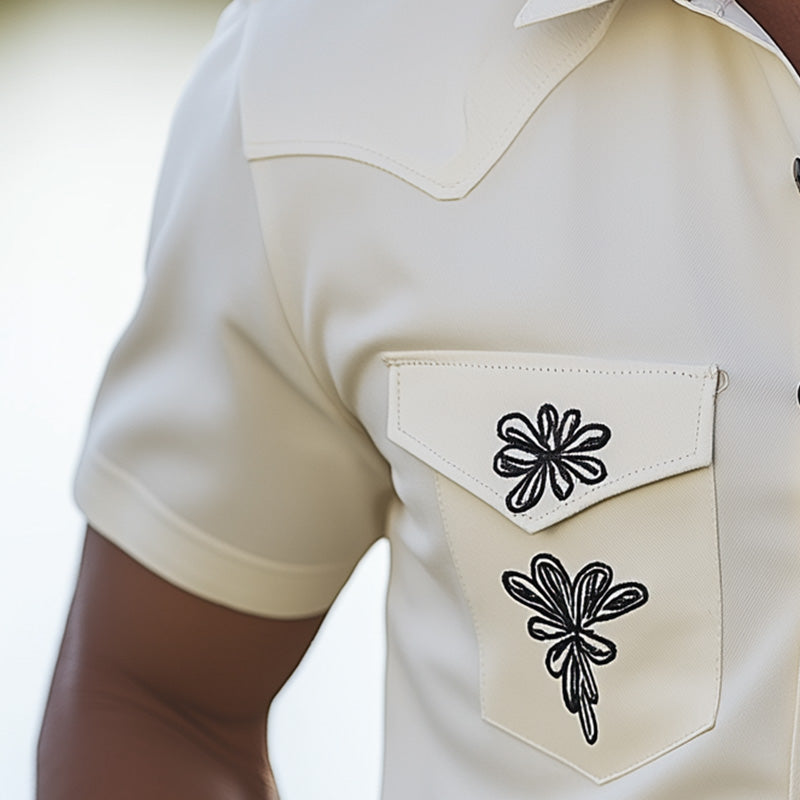 Men's Summer Western Cowboy Style Embroidered Cotton And Linen Short-Sleeved Shirt MTA2102E7P