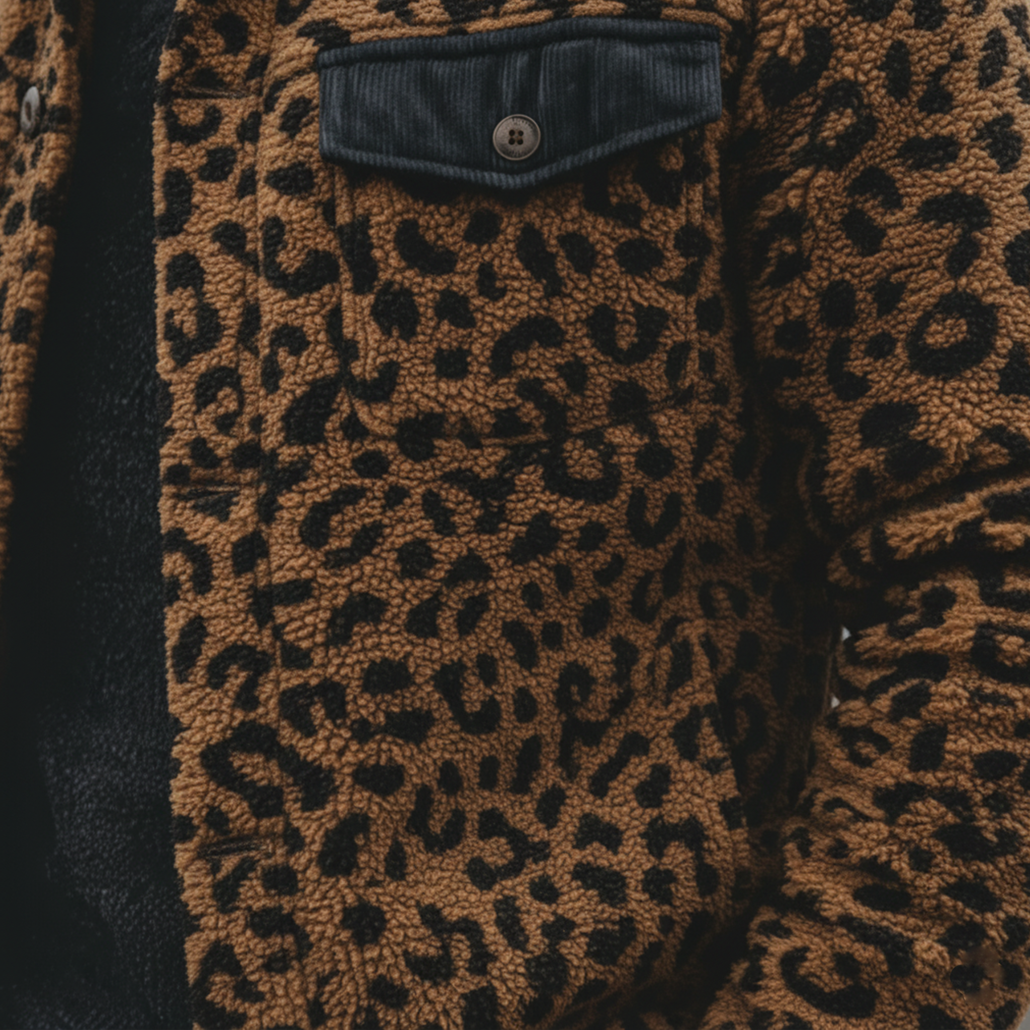 Men's Classic Casual Corduroy Collar And Flap Leopard Print Teddy Jacket MTA1714J6K