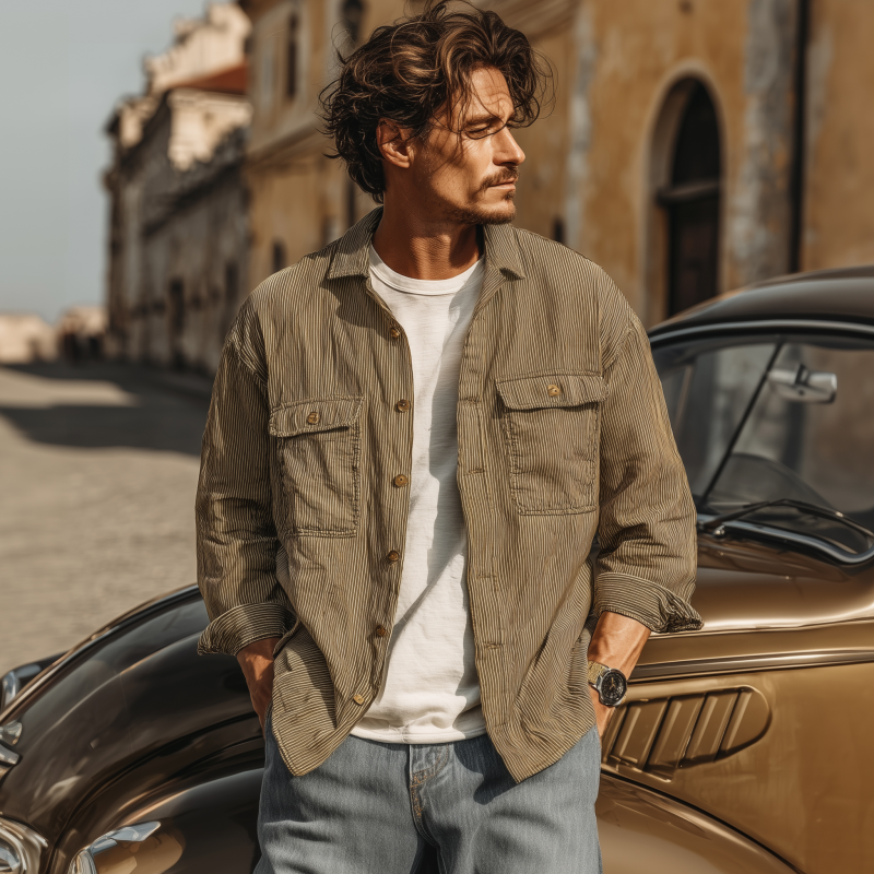 Men's Casual Breathable Cotton Striped Lapel Chest Pocket Loose Long Sleeve Shirt MTA1809G2M