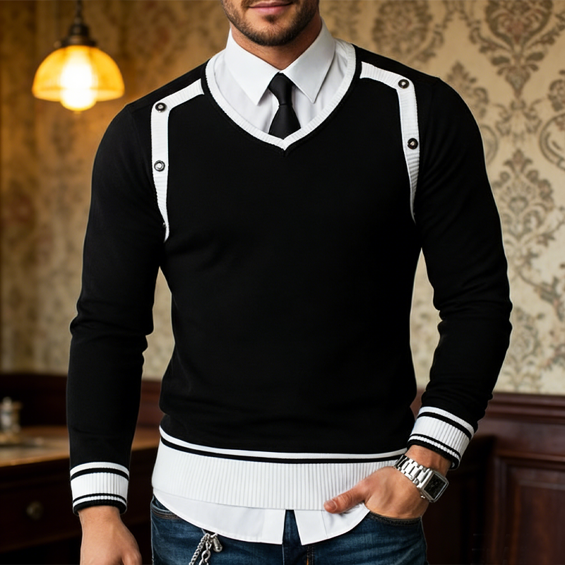 Men's Urban Black And White Color-blocked V-neck Slim-fit Sweater MTZ1285A2U