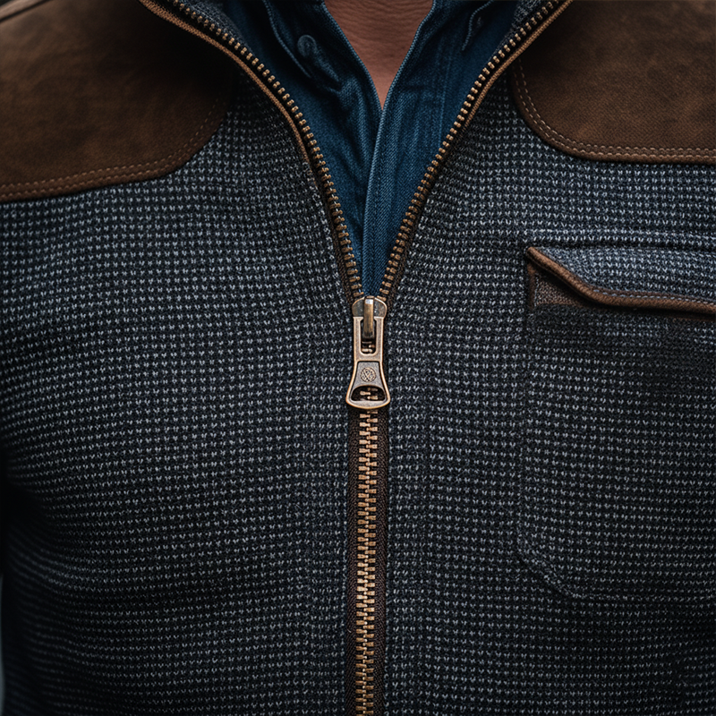 Men's Retro Small Check Faux Suede Patchwork Cloth Zipper Cardigan MTA2946J0P