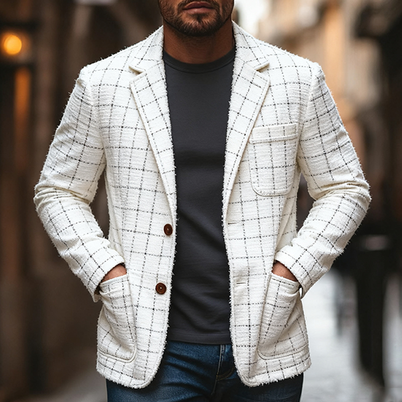 Men's Casual Faux Wool Plaid Lapel Blazer  MTA2576J3X