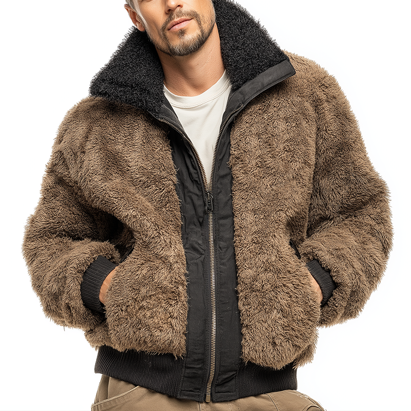 Men's Retro Casual Plush Contrast Color Warm Lapel Zipper Jacket MTA1345J6TO