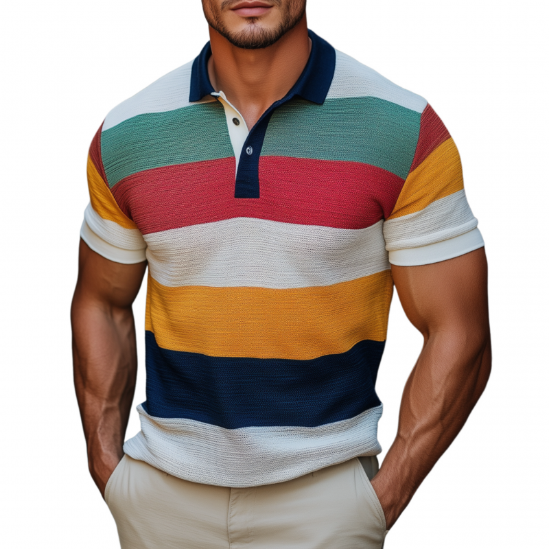 Men's Vintage Breathable Contrast Color Striped Lapel Slim Fit Knitted Short-sleeved Polo Shirt MTA2166G3M