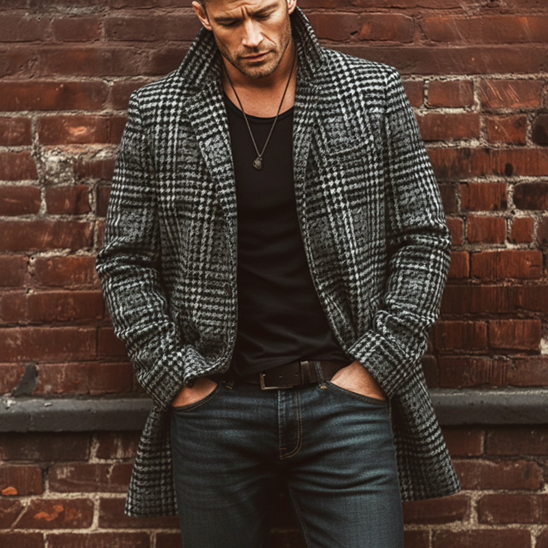 Men's Classic Gray Plaid Faux Wool Two-button Mid-length Coat MTA2709K4U