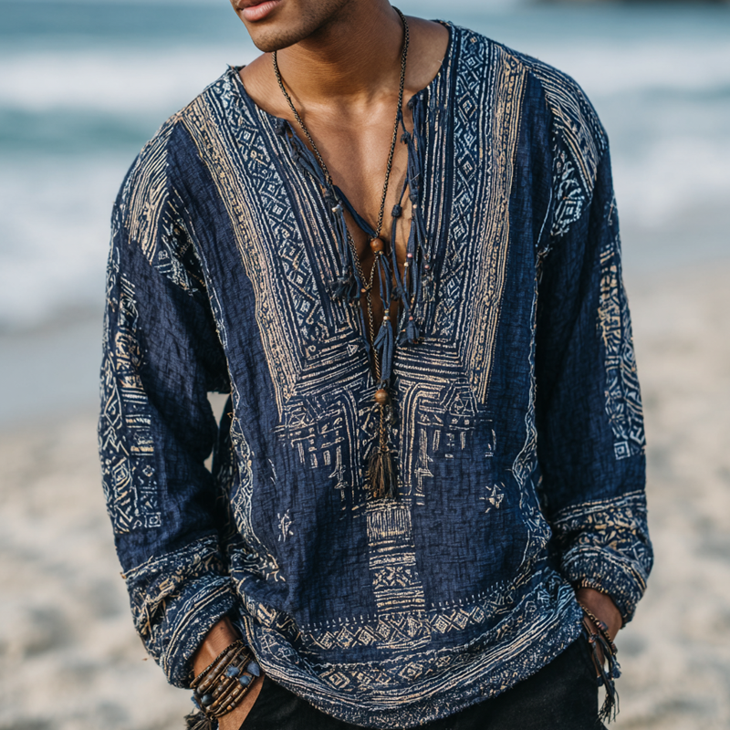 Men's Aztec Patterns V Neck Long Sleeve Shirt MTA1159H8Z
