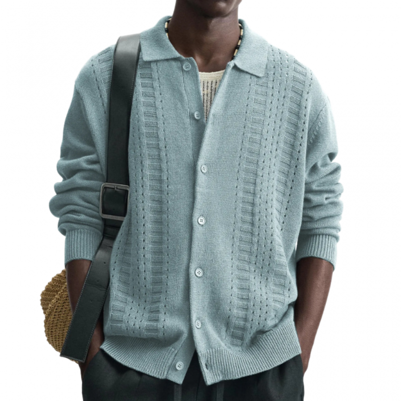 Men's Casual Solid Color Breathable Lapel Single-breasted Knitted Loose Cardigan MTA0634H0M