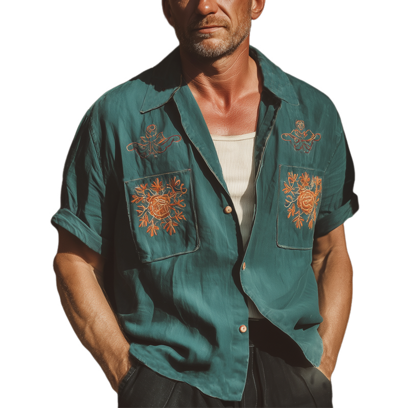 Men's Summer Retro Contrast Embroidery Short Sleeve Shirt MTA1707F3U